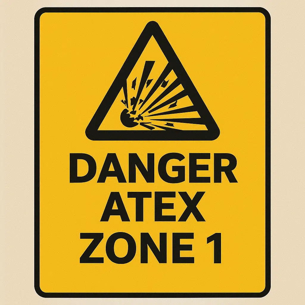 Panneau de danger ATEX Zone 1 utilisé pour signaler une zone à atmosphère explosive, visible dans un site industriel près de Lyon.
