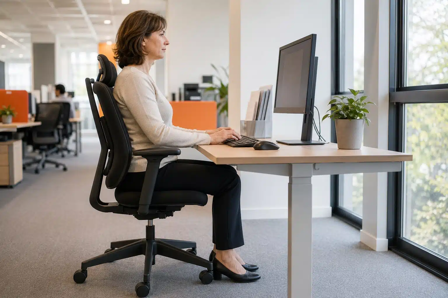 Salariée installée à son poste de travail sur écran avec une posture ergonomique correcte